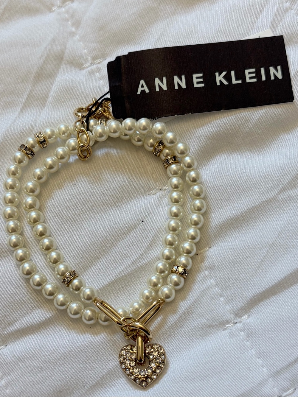Anne Klein Pearl Double-Strand Bracelet with Gold Rhinestone Heart